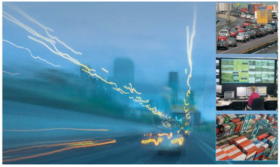 image of traffic, control center and warehouses